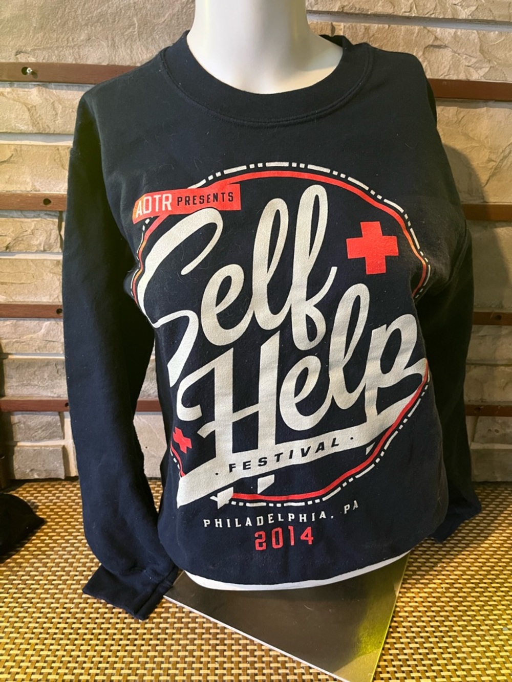 adidas Black Self Help Festival Graphic Sweatshirt with White and Red Print